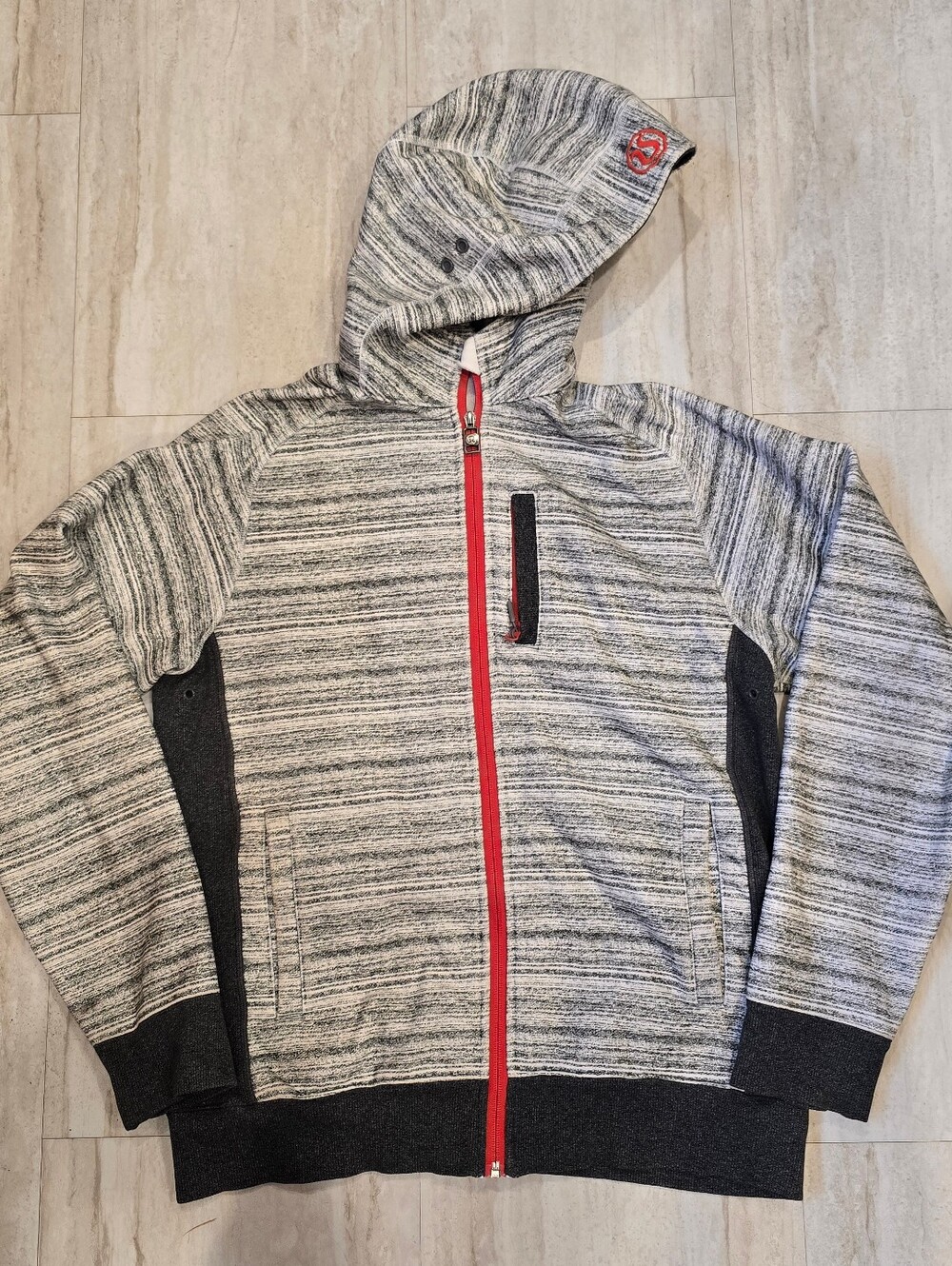 Men's Lululemon Black Heathered Full Zip Fleece Hoodie Pockets Red Zip Size L